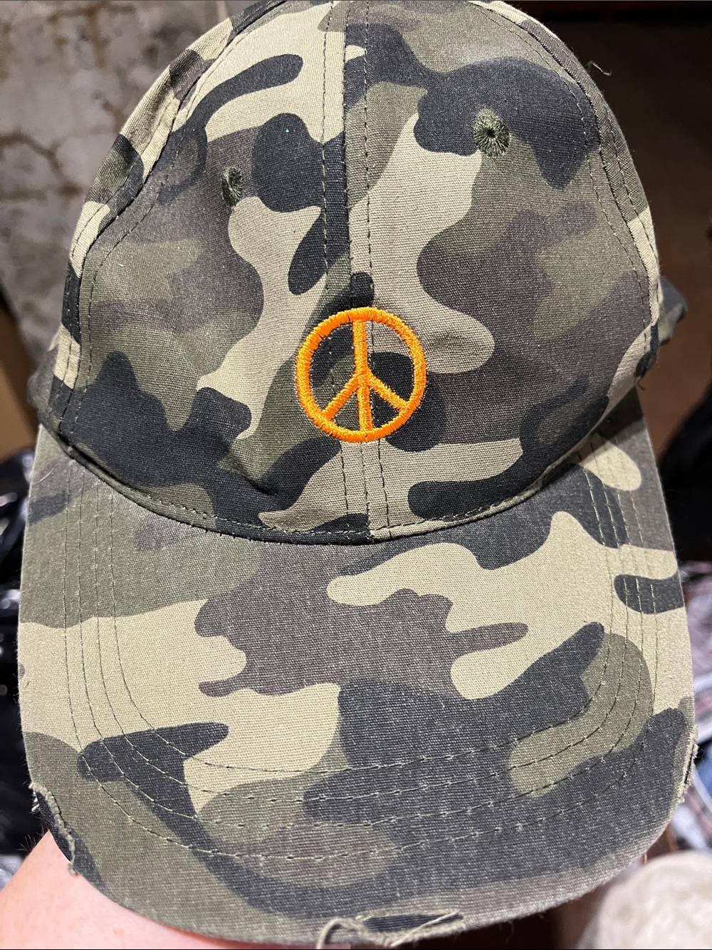 Adults Camo Baseball Cap with Orange Peace Symbol